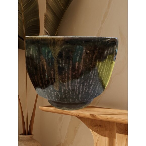 Lined Ceramic Stamped Chawan Bowl W/ Four Red Dots Two Sides 2017 Drip Glaze - Picture 3 of 7